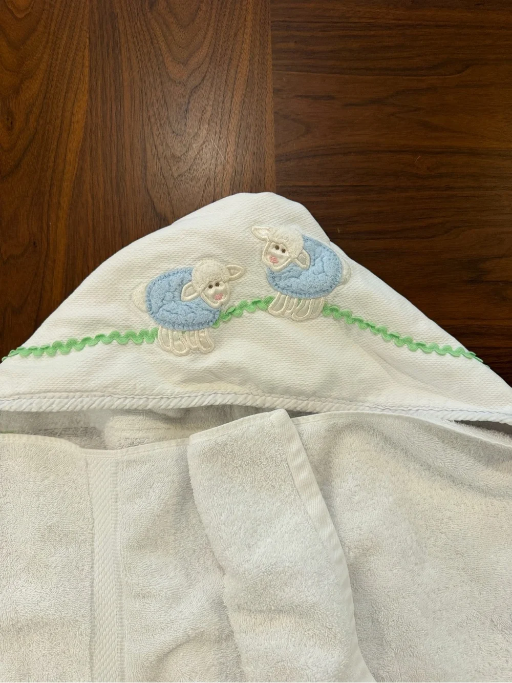 3Marthas Sheep Embroidered White Hooded Baby Bath Towel-Full Size